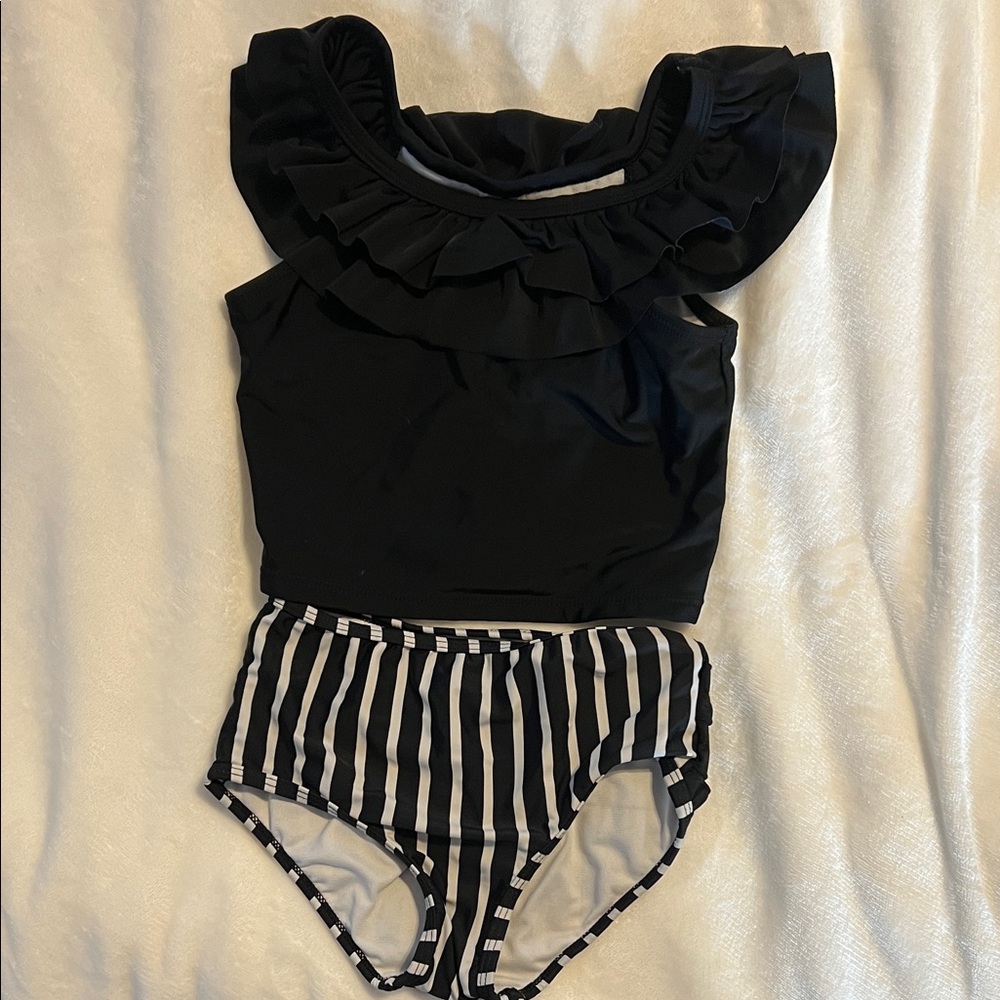 Ruffle Butts Black Ruffle Swim Top with Striped Bottoms